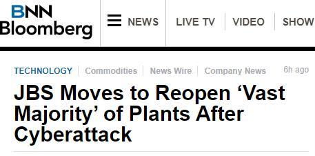 美媒 遭黑客攻擊的肉類加工商jbs停業(yè)工廠或將于6月2日恢復生產(chǎn)
